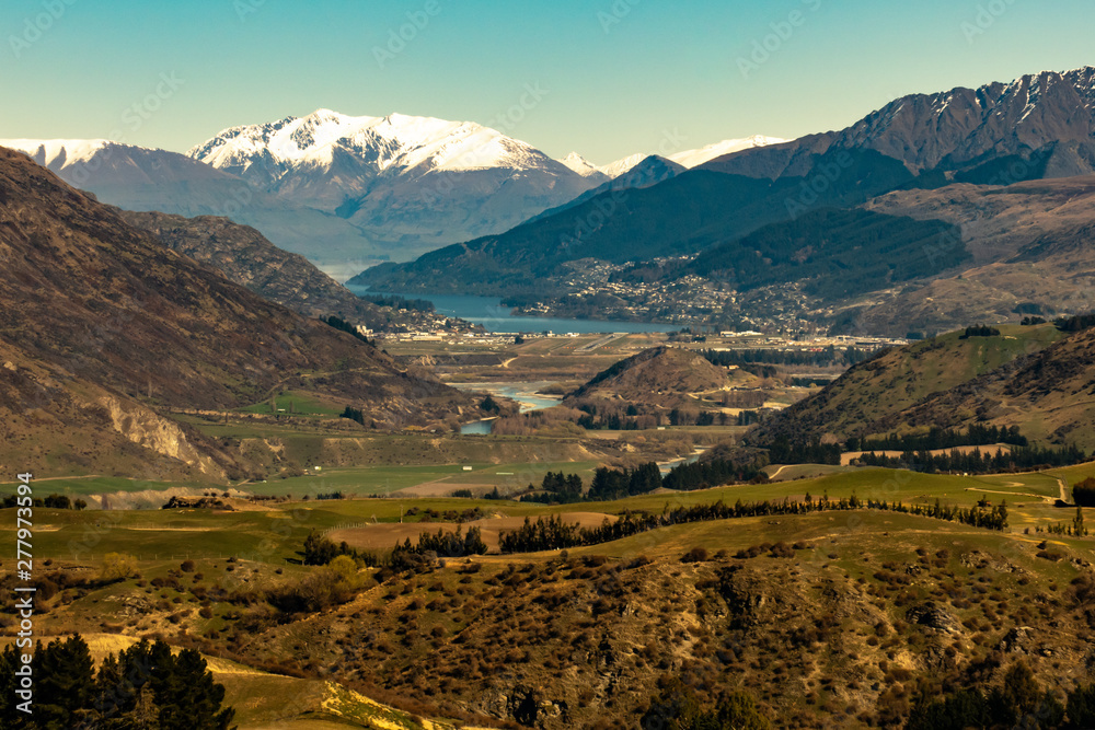 Panoramic scenery of Queenstown New Zealand on the way back from the ski fields