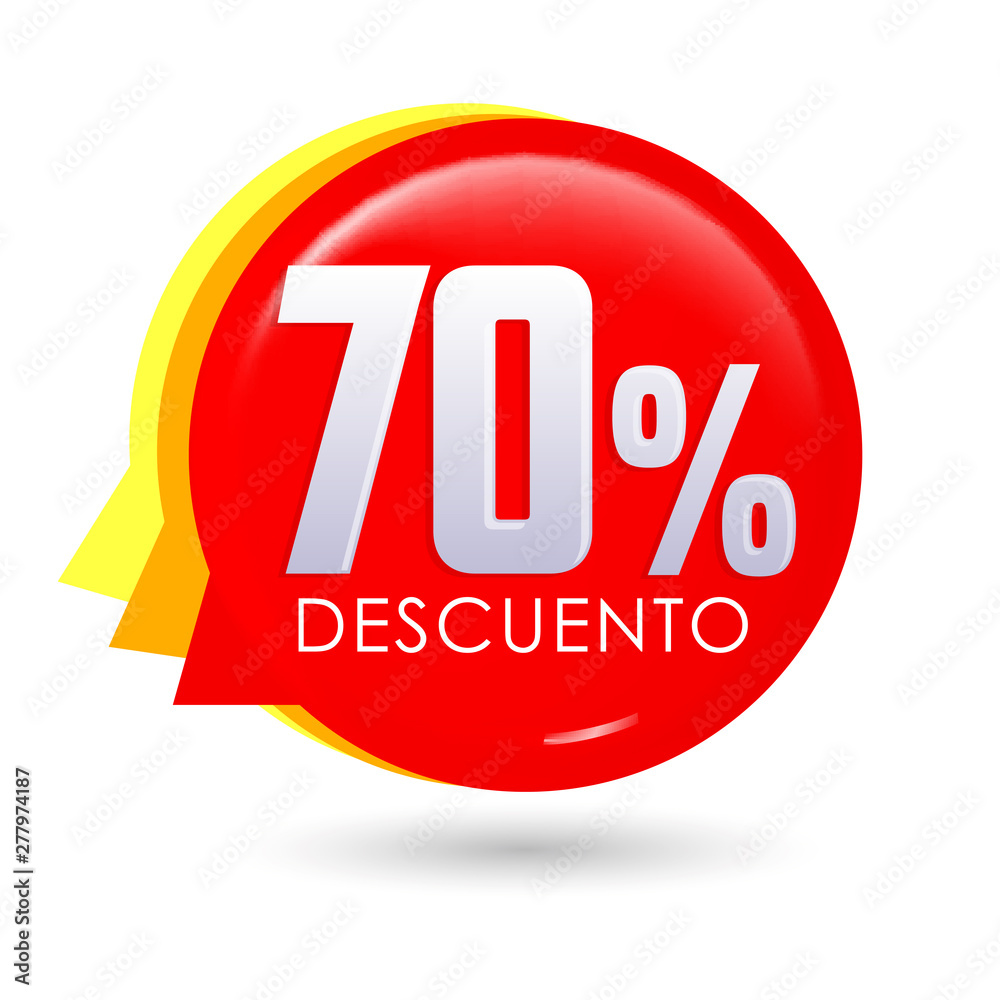70% Descuento, 70% discount spanish text, bubble sale tag vector illustration, Offer price label. 70% Descuento, 70% discount spanish text, bubble sale tag vector illustration, Offer price label.