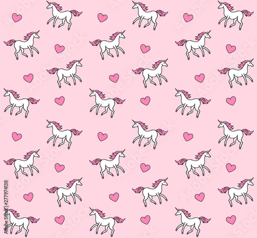 Vector seamless pattern of hand drawn white unicorn isolated on pink background