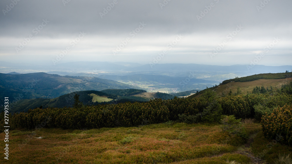 A view from Mt Pilsko towards north west (facing the town of Zywiec) with a clouded sky and few light rays in the background, Zywiec Beskids, Poland