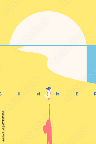 Summer Holiday and Summer Camp poster. Sea sunset, girl walking on beach. Yellow background. photo