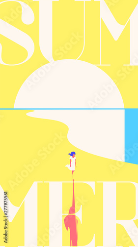 Summer Holiday and Summer Camp stories template. Sea sunset, girl walking on beach. Yellow background. photo