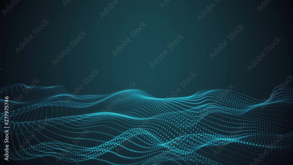 4K Abstract loopable blue cg motion waving dots texture with glowing defocused particles. Cyber or technology digital landscape background. 3840x2160 uhd