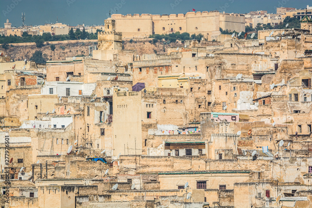 Panoramic view on old city of Fes with Medina in Morocco
