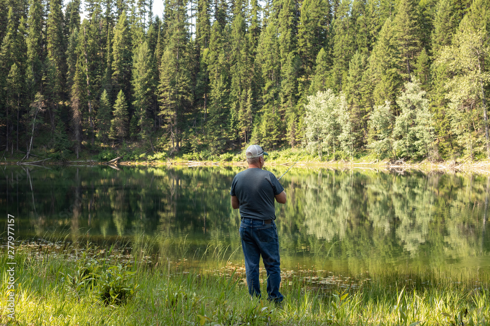 man fishing at a lake in the forest 