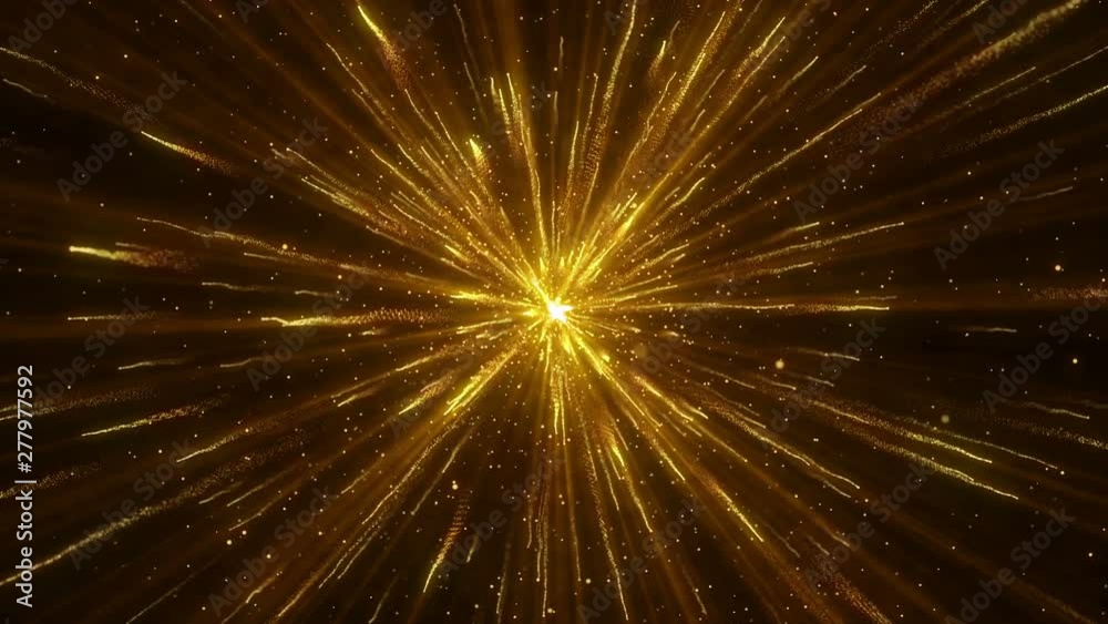 Explosion gold lights sparkles. Glowing light explodes. Flare in center. 4k Festive golden motion background.