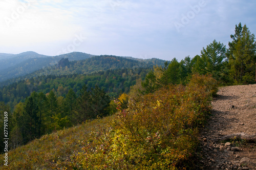 Krasnoyarsk Russia, early autumn view across mountain range in Stolby National Park