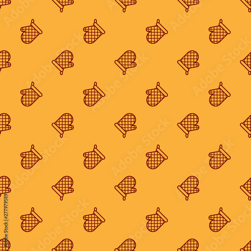 Red Oven glove icon isolated seamless pattern on brown background. Kitchen potholder sign. Cooking glove. Vector Illustration