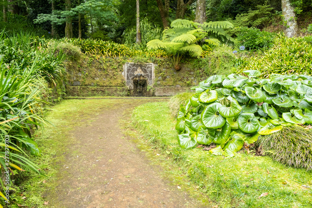 Obraz premium A Decorative Fountain in Terra Nostra Botanical Garden in Furnas, Sao Miguel Island, Azores, Portugal