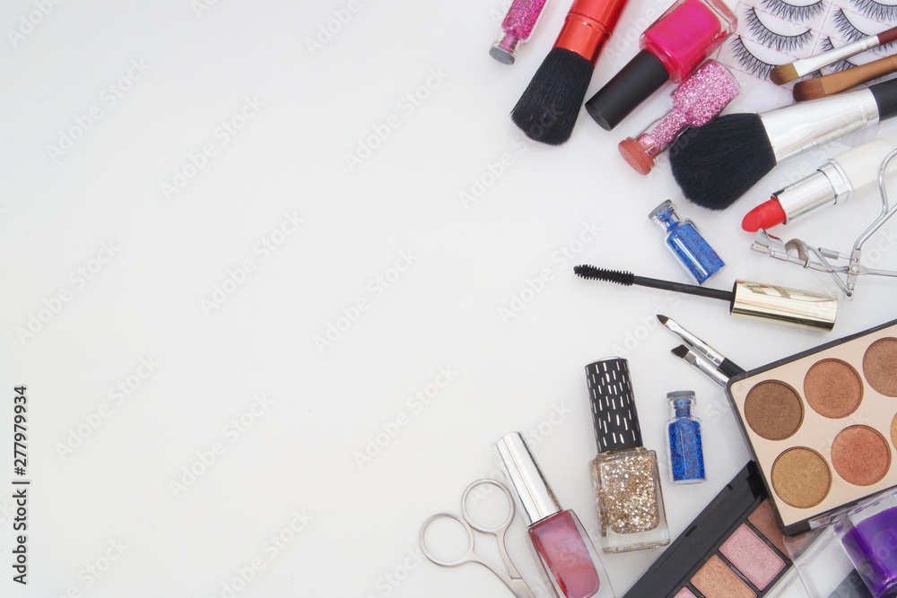 Makeup set on white table with room for text Makeup set on white table with room for text