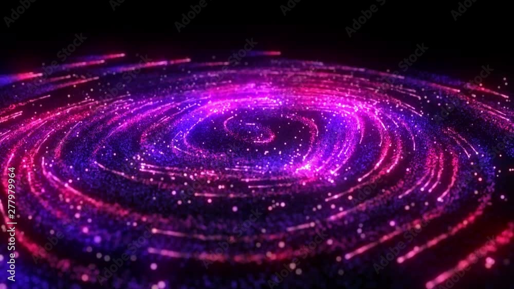 Neon field flow. Glowing purple and blue lines and light particles. Swirls trails. 4k abstract background for web. Technology abstract animation