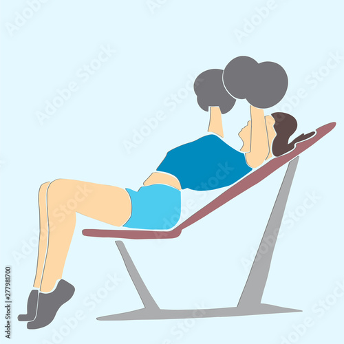 Bench press. Young sporty woman has work out. Fitness concept colorful abstract illustration. Vector sport cartoon. Applique or paper cut style.