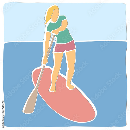 Stand up paddle surfing, boarding. Single female surfer with paddle. Surfrider girl on board. Paddleboarding, SUP fitness. Applique or paper cut style. Colorful vector illustration.