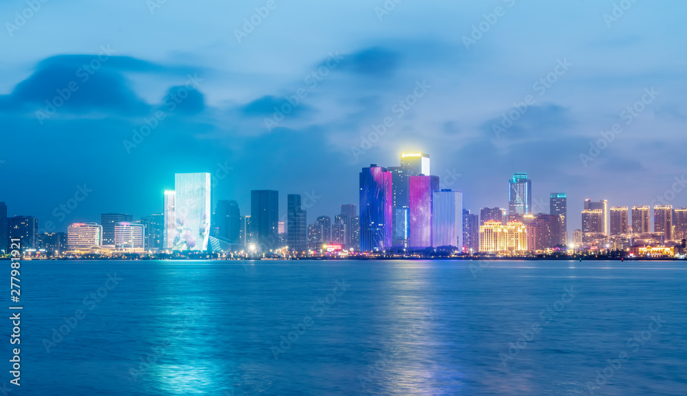 Nightscape Skyline of Urban Architecture along Qingdao Coastal Line.. Nightscape Skyline of Urban Architecture along Qingdao Coastal Line..