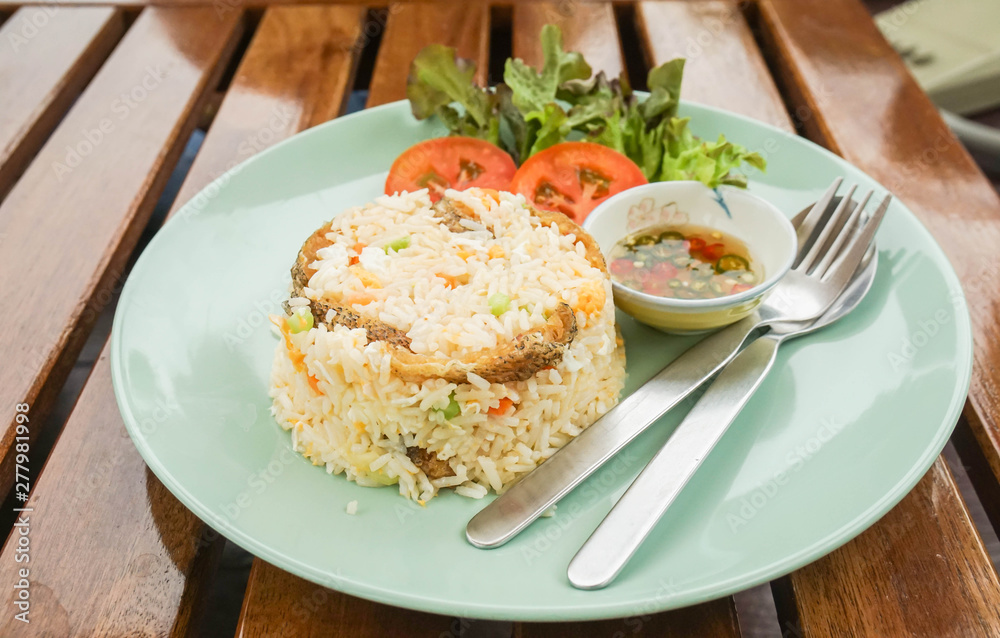 close up fried rice with Snake Skin Gourami dish close up fried rice with Snake Skin Gourami dish