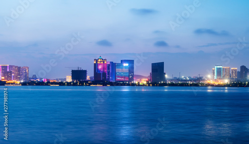 Nightscape Skyline of Urban Architecture along Qingdao Coastal Line..