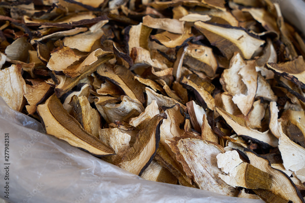 Image of dried porcini mushrooms. Traditional Russian food.
