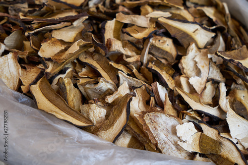Image of dried porcini mushrooms. Traditional Russian food.