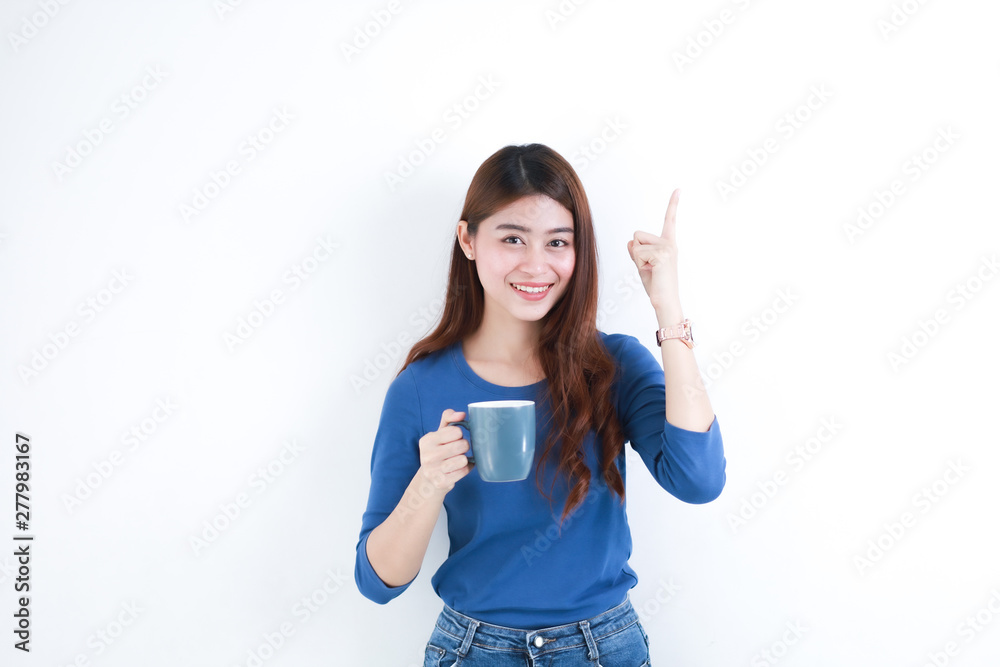 Asian woman on white background with coffee cup smile and happy face Asian woman on white background with coffee cup smile and happy face