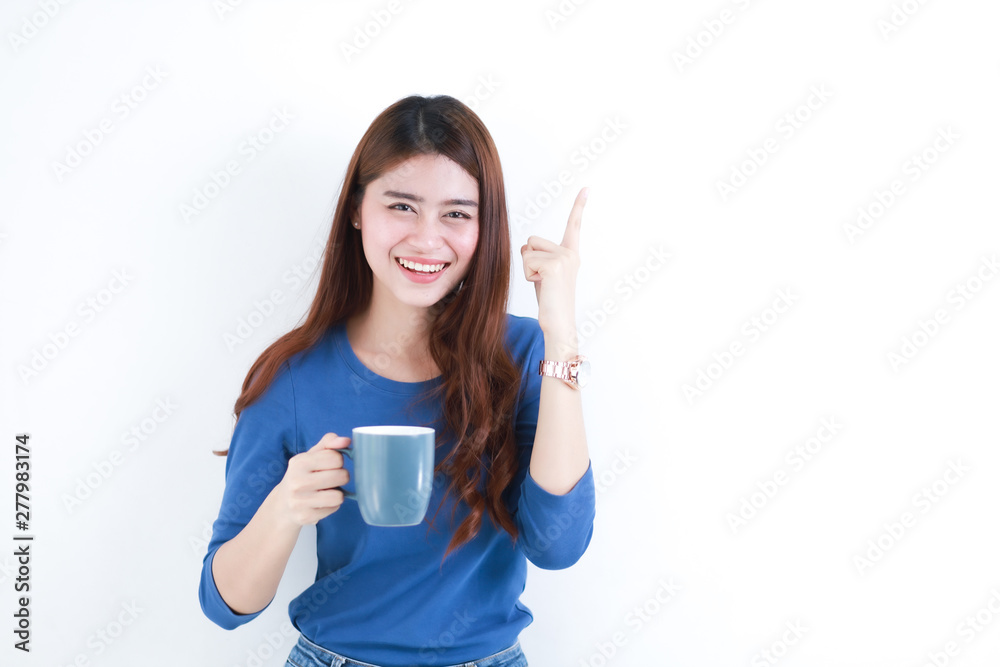 Asian woman on white background with coffee cup smile and happy face Asian woman on white background with coffee cup smile and happy face