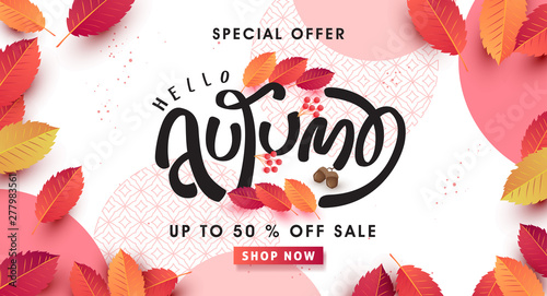 Autumn leaves background. Seasonal lettering.vector illustration.Promotion sale banner of autumn season.