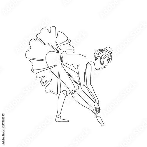 Ballerina in pointe shoes continuous line drawing, Ballet dancer abstract silhouette single line on a white background, tattoo and logo design, isolated vector illustration.
