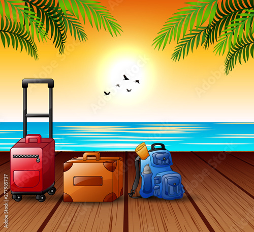 Summer vacation concept with suitcase filled on the seaport