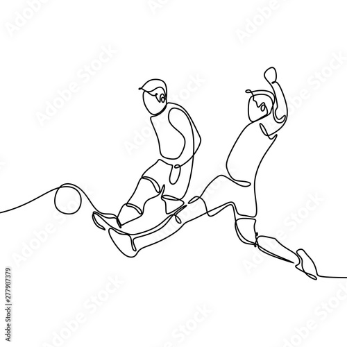 Continuous Line Drawing or One Line Drawing of two Soccer Players scrambling for ball