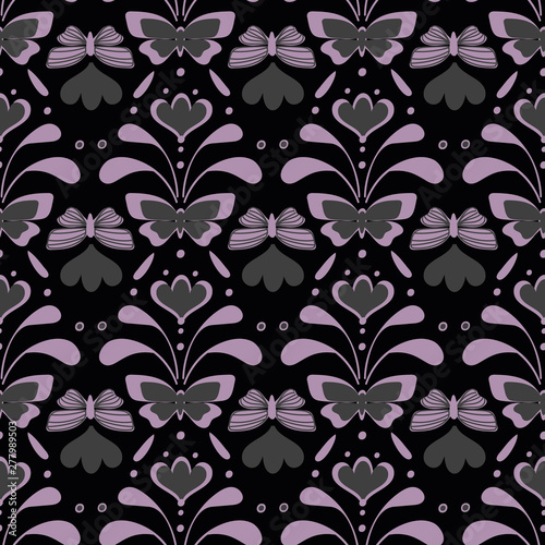 A seamless vintege damask moody vector pattern with butterflies and florals. Surface print design.