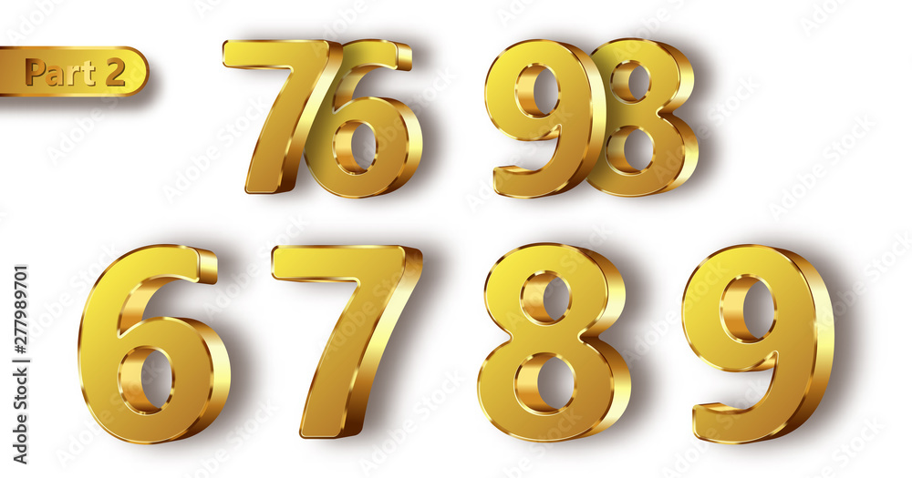 Golden metal unique numbers set of realistic vector illustration. Matte with glossy frame gold metal symbols or signs from 6 to 9, part 2, isolated on white background Golden metal unique numbers set of realistic vector illustration. Matte with glossy frame gold metal symbols or signs from 6 to 9, part 2, isolated on white background