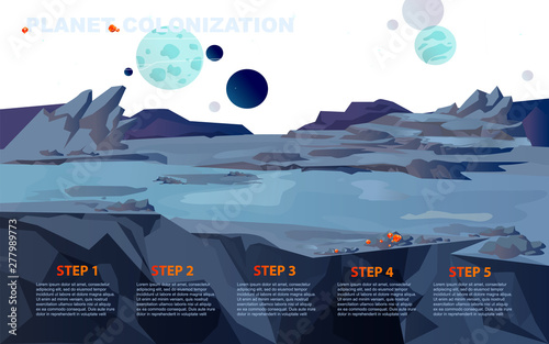 Space landscape for planet colonization vector cartoon illustration. Soil surface and space objects, meteorites and asteroids isolated on white background, infographics and time line concept