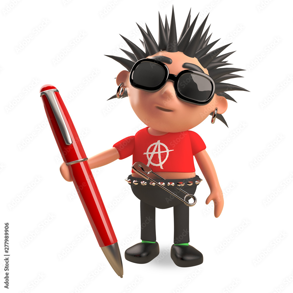 Distracted punk rocker with spikey hair with a red pen, 3d illustration Distracted punk rocker with spikey hair with a red pen, 3d illustration