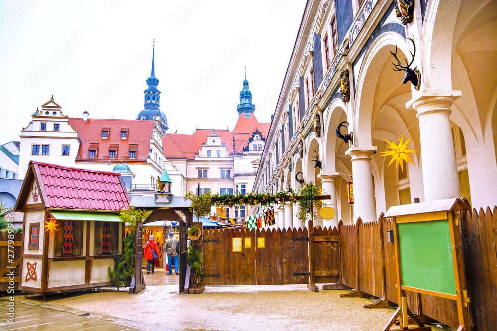 Gateway to the Christmas Market stylized under the Middle Ages in Stallhof, courtyard of castle Dresden Castle or Royal Palace, Dresden, Germany