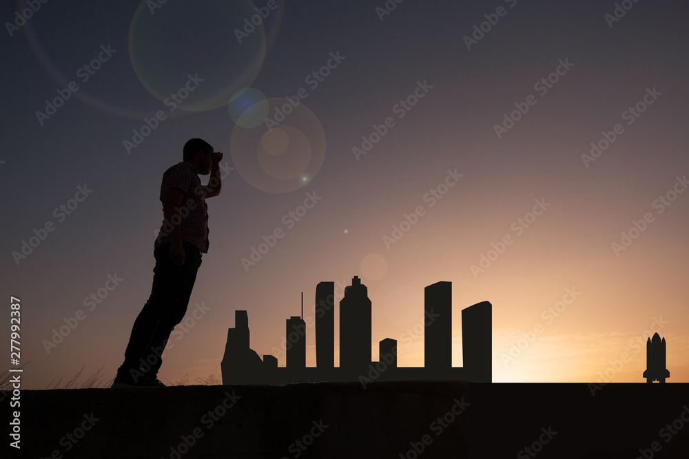 Traveler in front of Houston city skyline Traveler in front of Houston city skyline