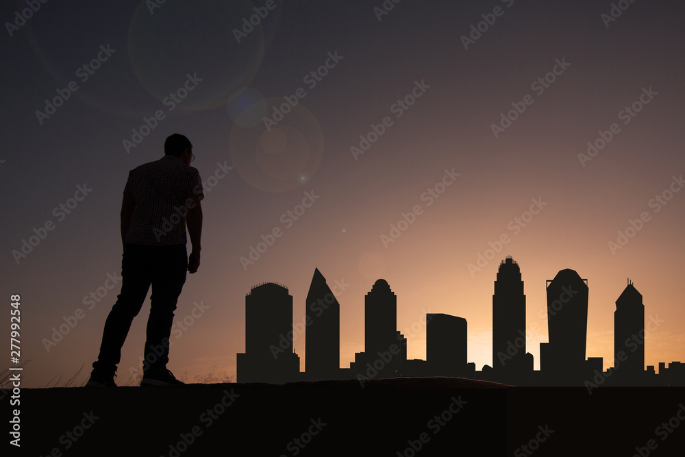 Travele front of city skyline of Charlotte in USA