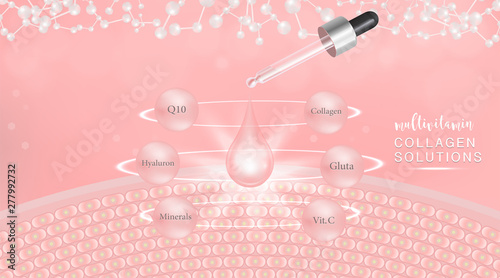 Hyaluronic acid plus multivitamins and minerals skin solutions ad, pink collagen serum drop with cosmetic advertising background ready to use, illustration vector.
