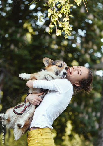 Smiling young woman laughing, holding cute dog Welsh Corgi in a park outdoors. Beautiful happy female in white shirt playing with her Welsh Corgi Pembroke doggy outside. Concept friendship with dog