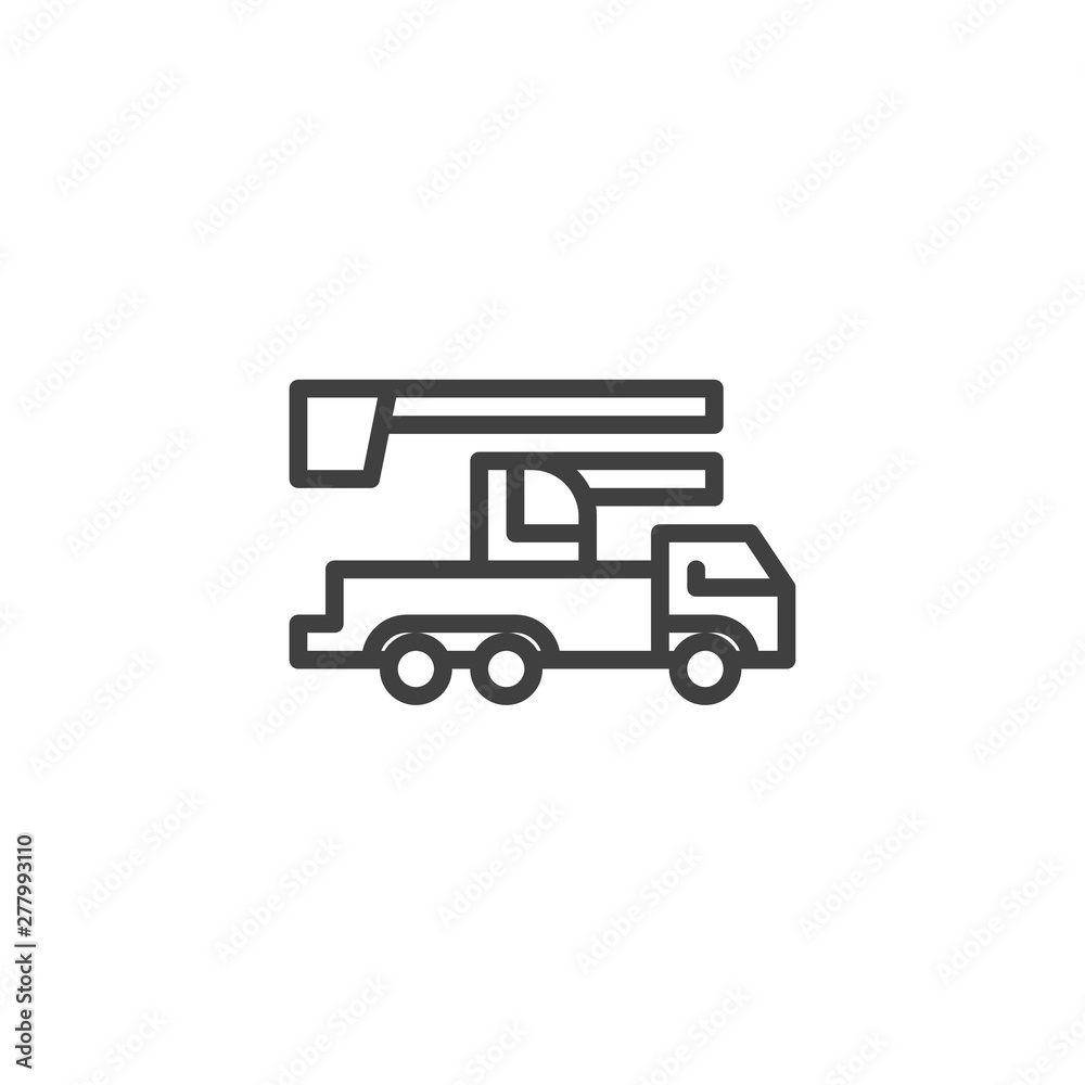 Service Truck line icon. Cherry picker linear style sign for mobile concept and web design. Bucket truck outline vector icon. Symbol, logo illustration. Vector graphics Service Truck line icon. Cherry picker linear style sign for mobile concept and web design. Bucket truck outline vector icon. Symbol, logo illustration. Vector graphics