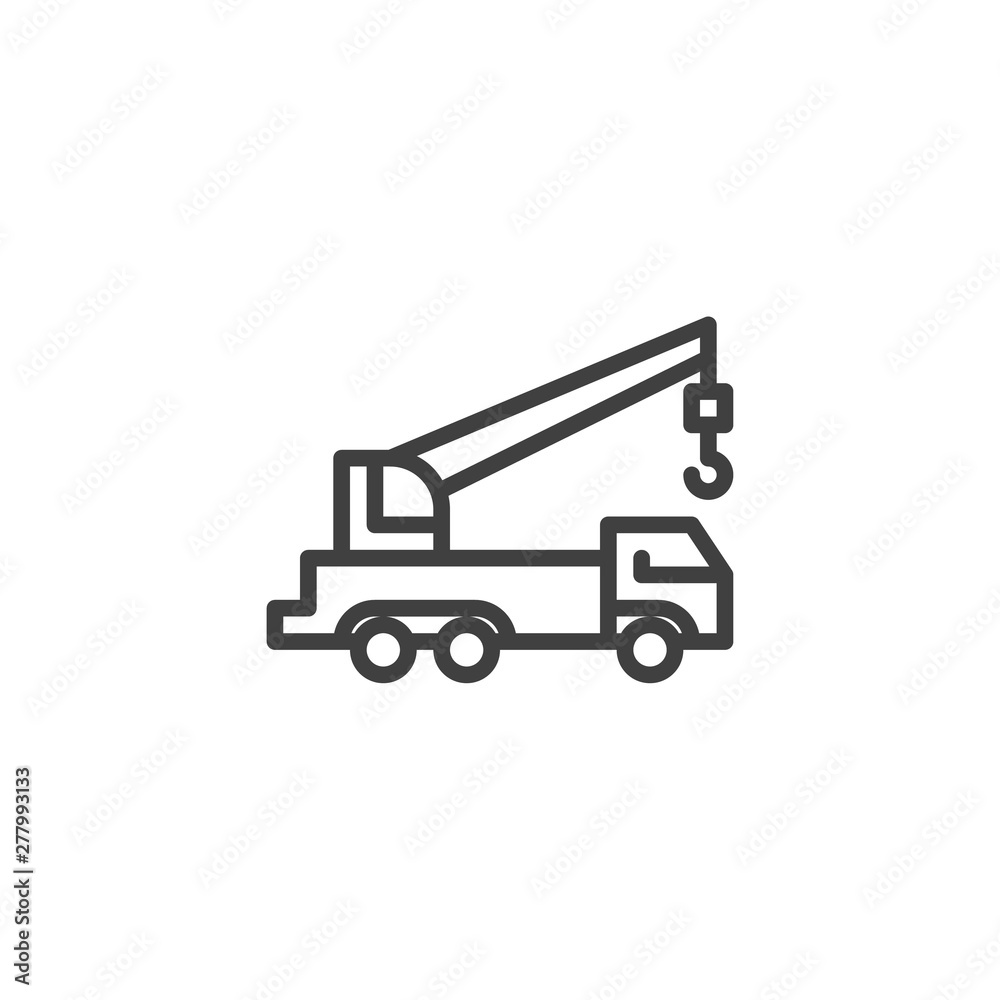 Crane truck line icon. linear style sign for mobile concept and web design. Construction service truck with hook outline vector icon. Symbol, logo illustration. Vector graphics