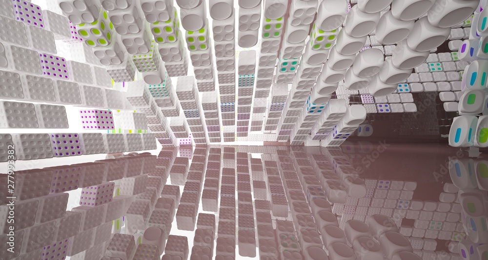 Obraz premium Abstract dynamic interior with brown and colored smooth objects. 3D illustration and rendering