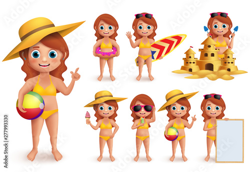 Girl summer kids vector character set. Young girl wearing bikini doing summer beach activities like swimming, eating icecream and playing sand castle isolated in white. Vector illustration.