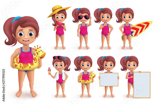 Beach girl vector character set. Summer girl doing outdoor beach activities like swimming, playing, surfing and eating watermelon isolated in white. Vector illustration.