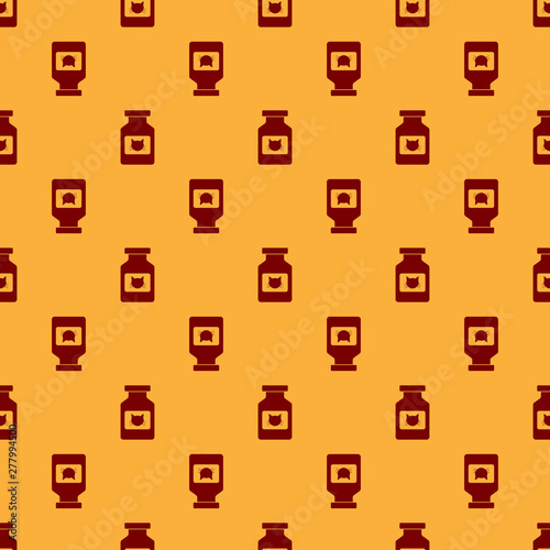 Red Cat medicine bottle icon isolated seamless pattern on brown background. Container with pills. Prescription medicine for animal. Vector Illustration