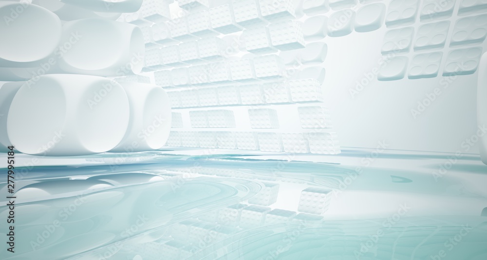 White smooth abstract architectural background with water. 3D illustration and rendering