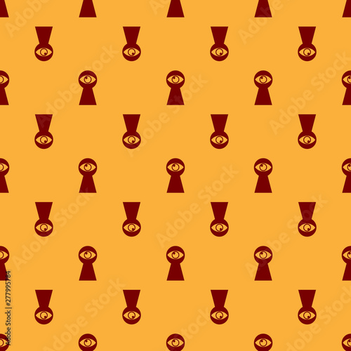 Red Keyhole with eye icon isolated seamless pattern on brown background. The eye looks into the keyhole. Keyhole eye hole. Vector Illustration