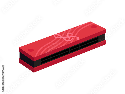 Mouth organ in a red case. Wind instrument. Vector illustration on white background.