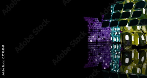 Abstract dynamic interior with colored smooth objects with neon lighting. 3D illustration and rendering