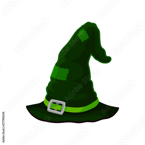 Old dark green wizard hat in patches. Vector illustration on white background.