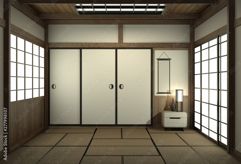Empty room japanese style with door japan style.3D rendering Empty room japanese style with door japan style.3D rendering