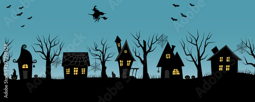 Halloween houses. Spooky village. Seamless border. Black silhouettes of houses and trees on a blue background. There are also bats, pumpkins and a witch on a broomstick in the picture. Vector